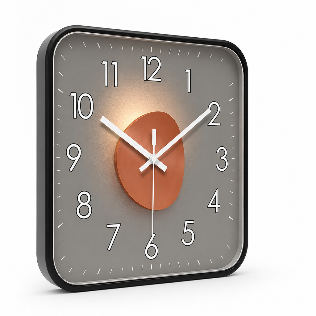 Silent Quartz Square-Face Wall Clock with Glass Cover
