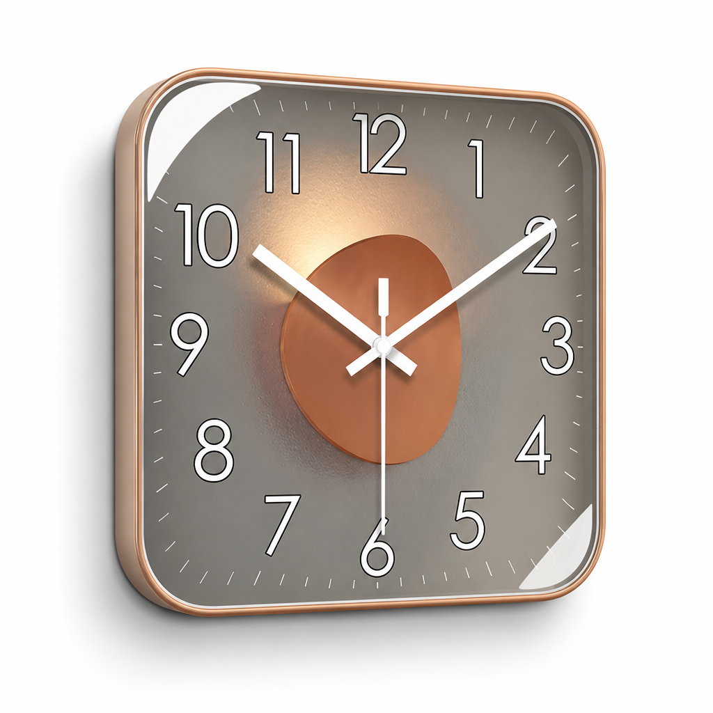Silent Quartz Square-Face Wall Clock with Glass Cover
