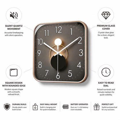 Silent Quartz Square-Face Wall Clock with Glass Cover