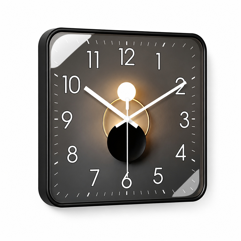 Silent Quartz Square-Face Wall Clock with Glass Cover