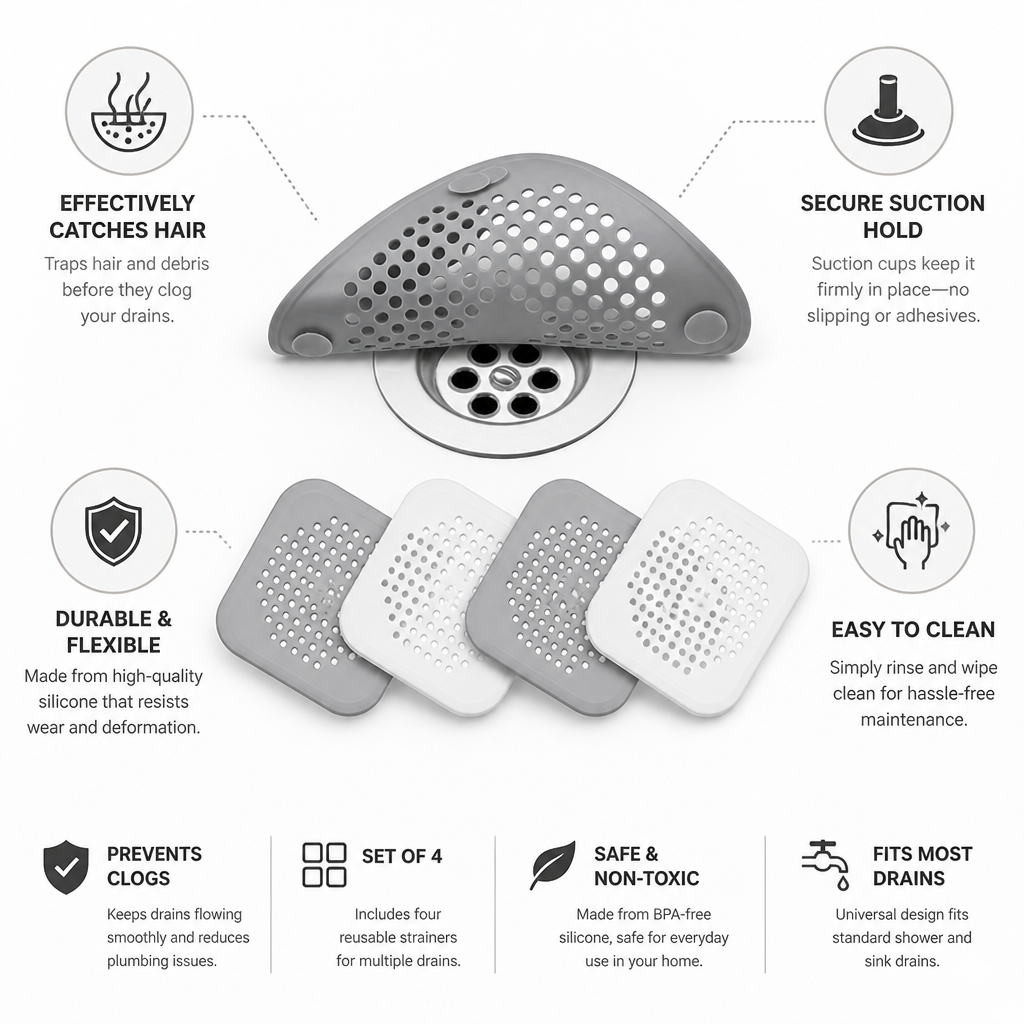 Silicone Suction-Cup Hair-Catcher Drain Strainers (Set of 4)