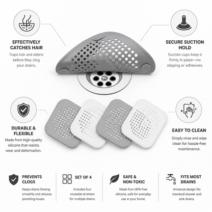 Silicone Suction-Cup Hair-Catcher Drain Strainers (Set of 4)