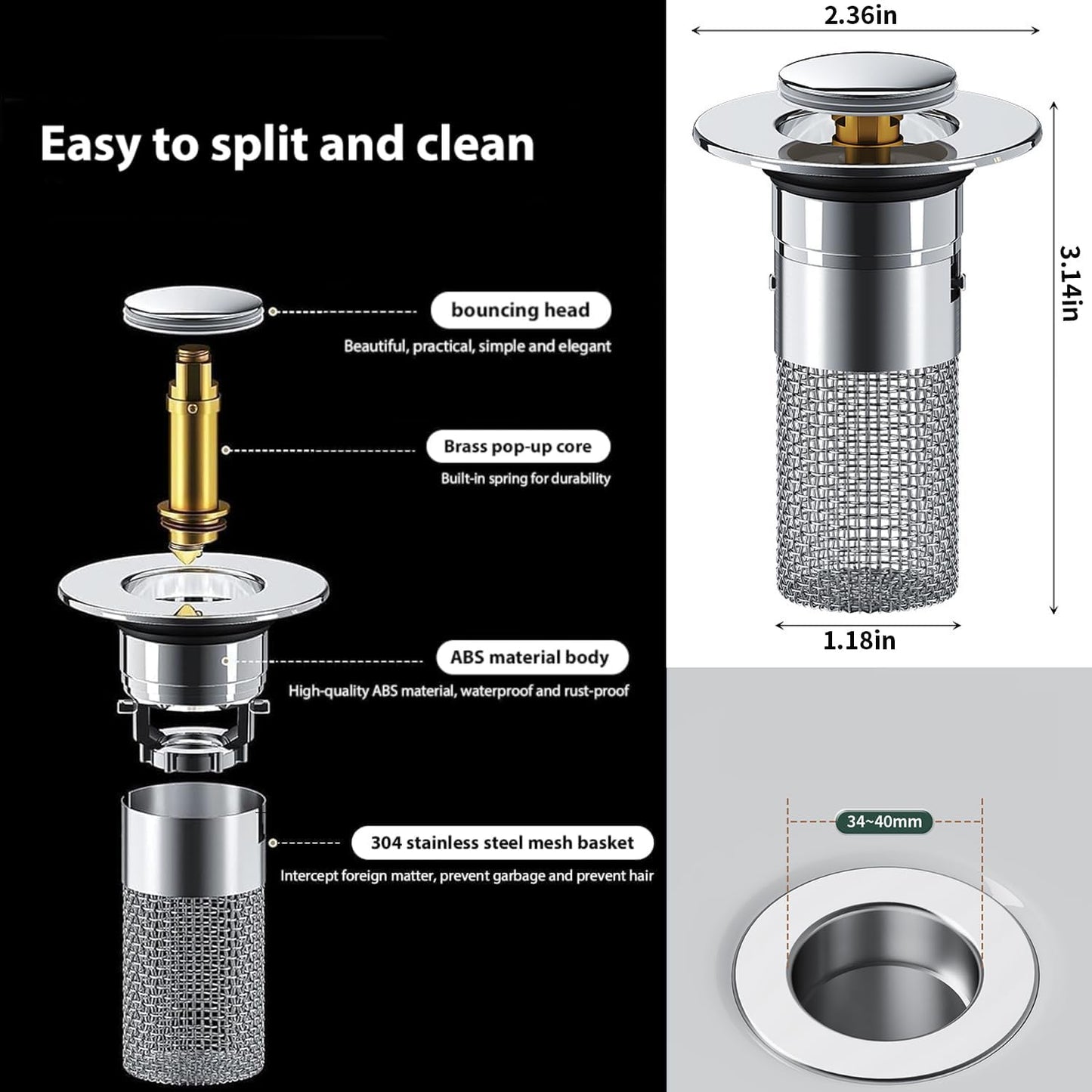 Sink Drain Filter Stainless Steel Pop-Up Stopper & Anti-Clog Basket