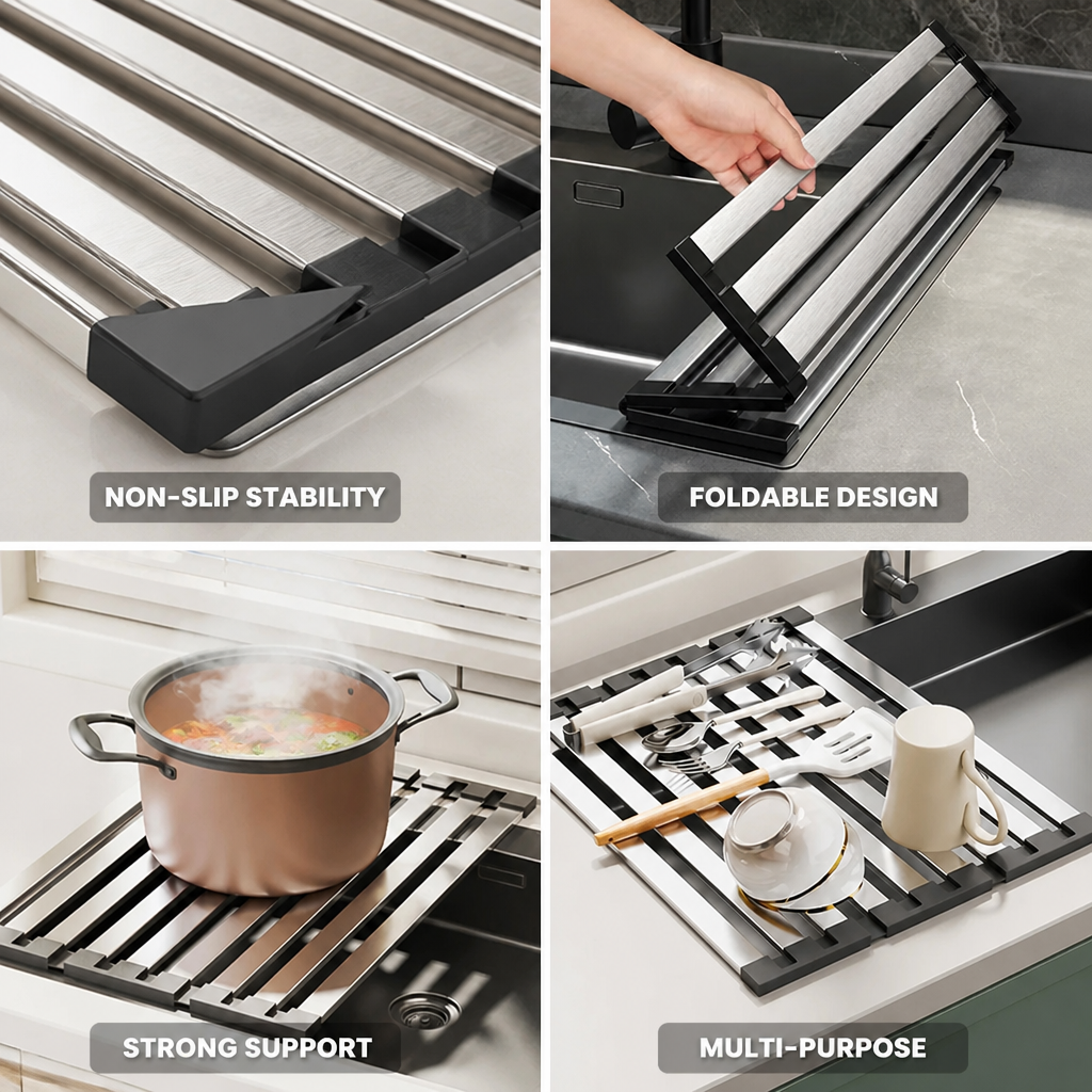 Slatted Stainless Steel Non-Slip Corner Holders Over-Sink Drain Rack