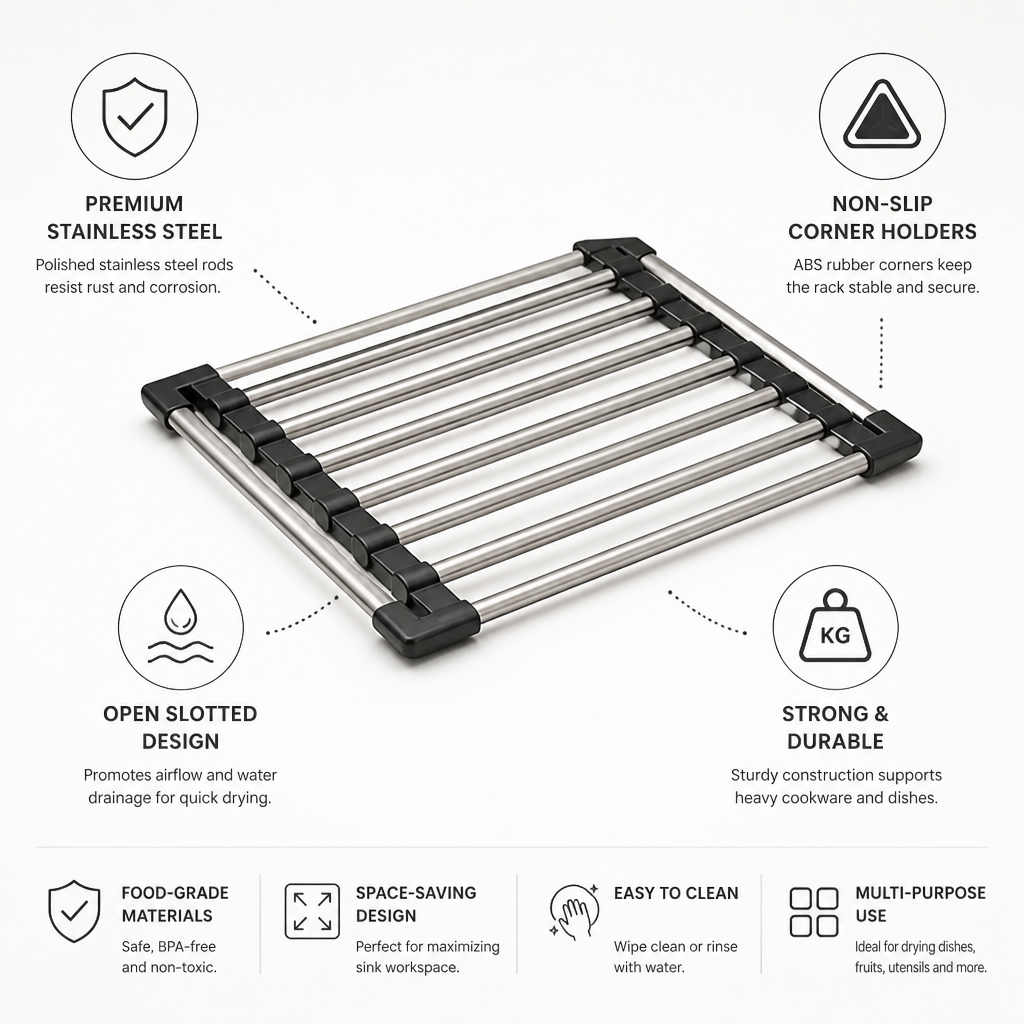 Slatted Stainless Steel Non-Slip Corner Holders Over-Sink Drain Rack