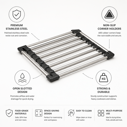 Slatted Stainless Steel Non-Slip Corner Holders Over-Sink Drain Rack