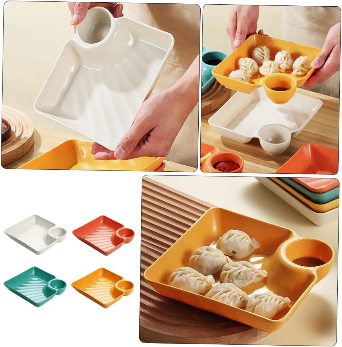 Snack & Dip Plate Square Integrated Sauce Compartment Stackable