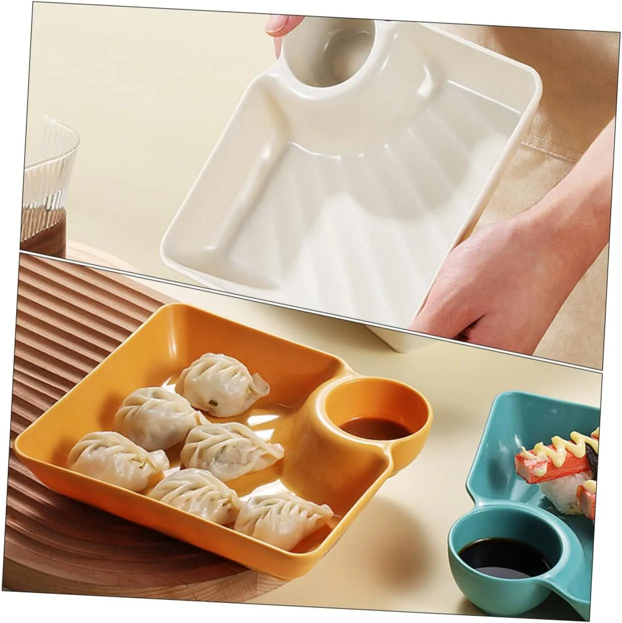 Snack & Dip Plate Square Integrated Sauce Compartment Stackable