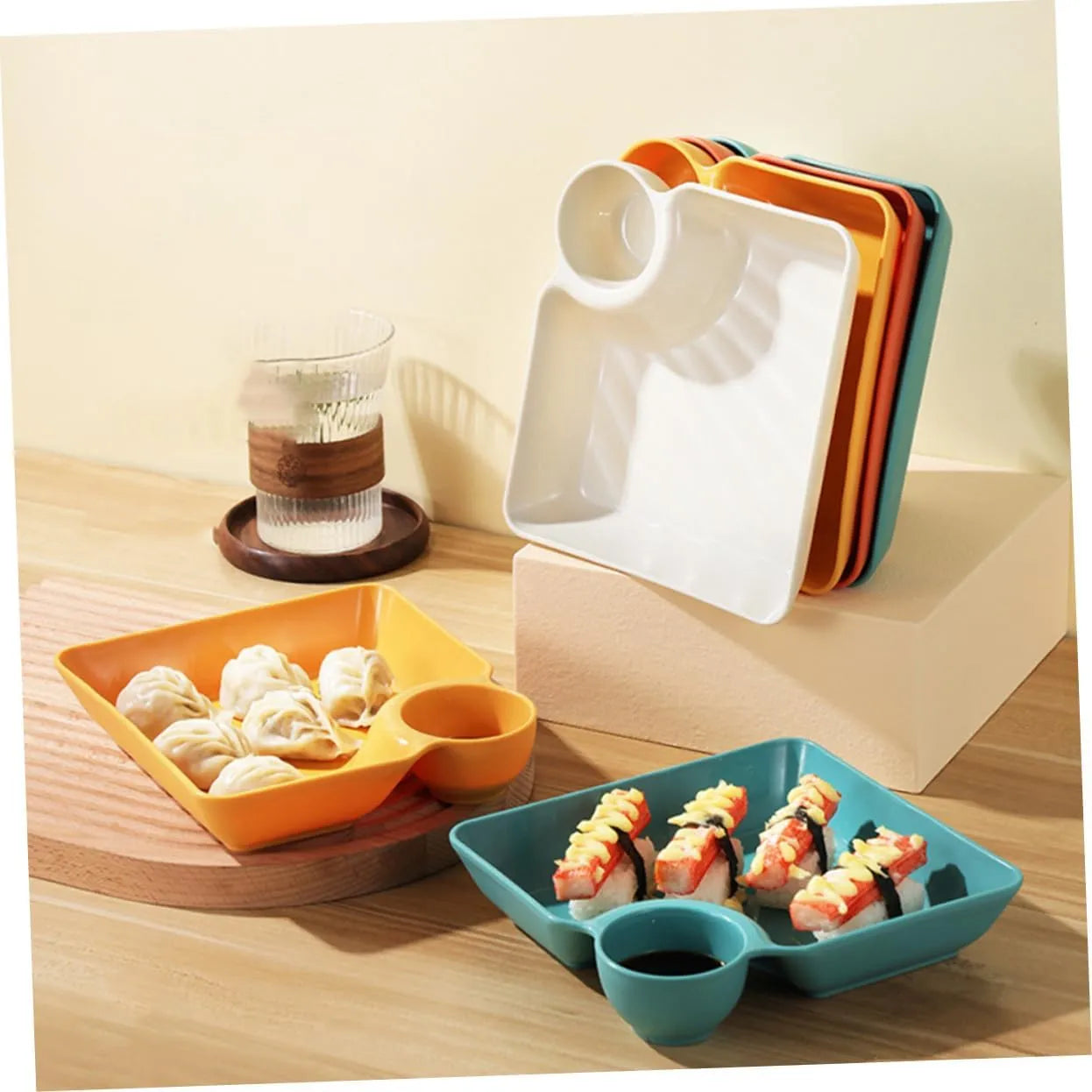 Snack & Dip Plate Square Integrated Sauce Compartment Stackable