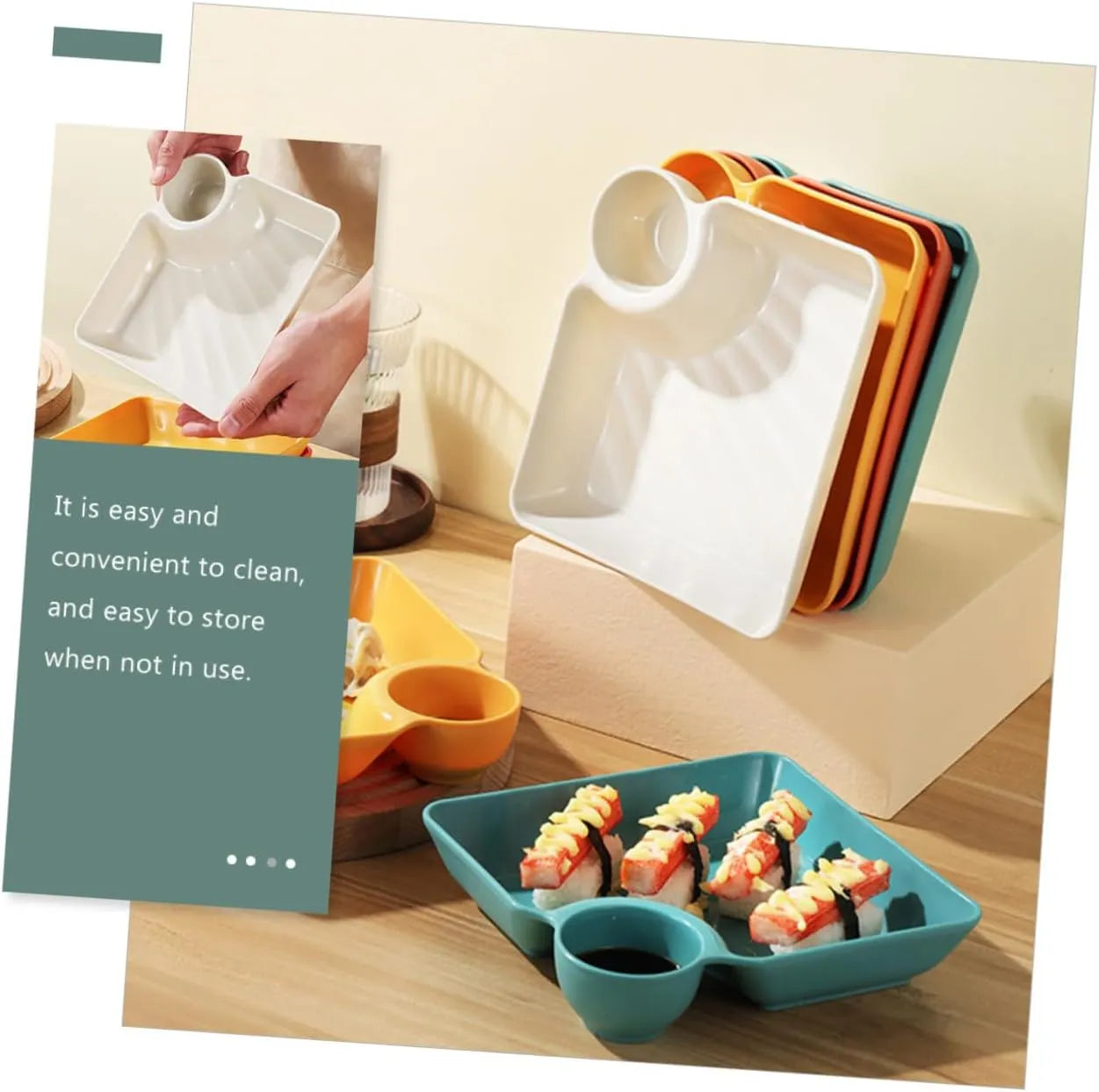 Snack & Dip Plate Square Integrated Sauce Compartment Stackable
