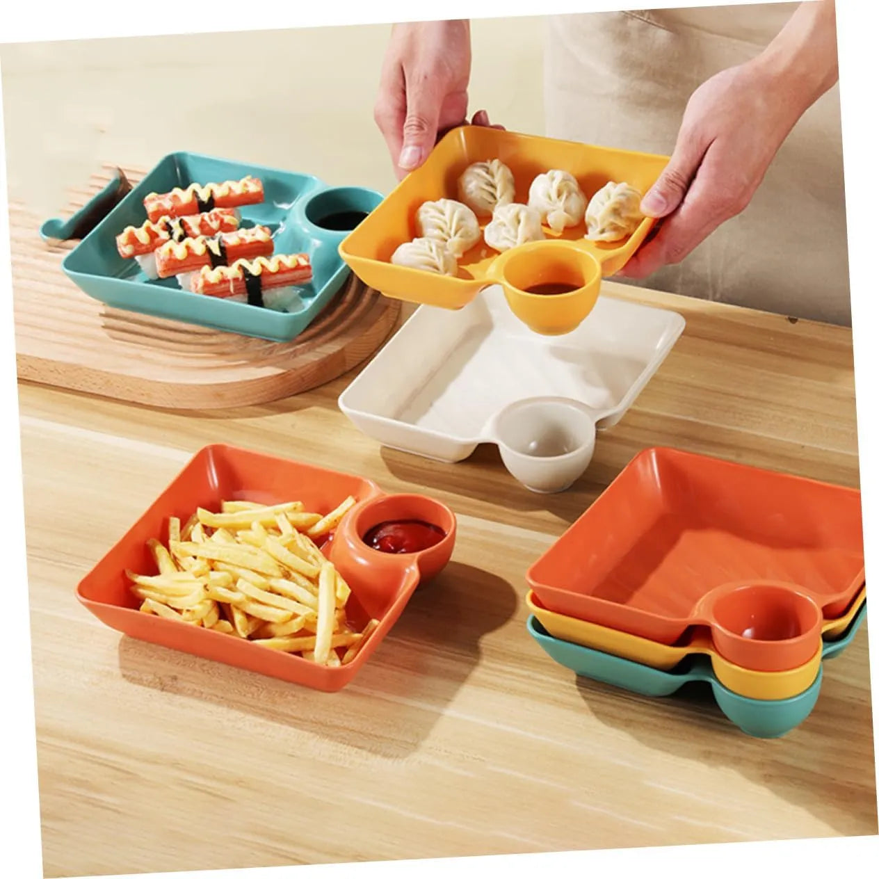 Snack & Dip Plate Square Integrated Sauce Compartment Stackable