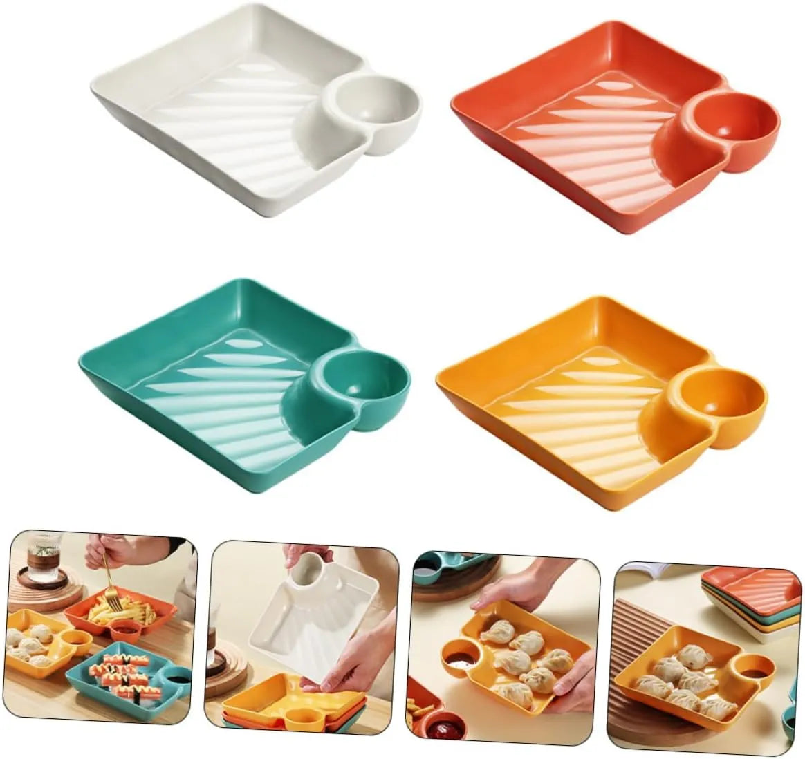Snack & Dip Plate Square Integrated Sauce Compartment Stackable
