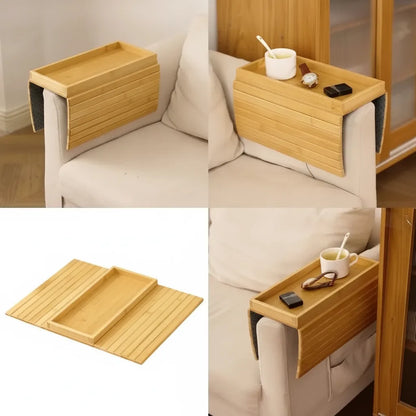 Sofa Armrest Tray Bamboo Flexible Fit Raised Edge