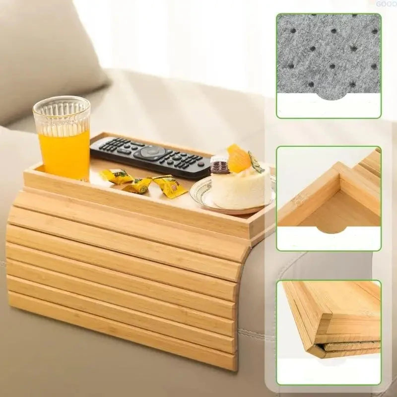 Sofa Armrest Tray Bamboo Flexible Fit Raised Edge