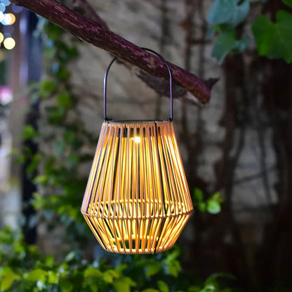 Solar Lantern Rattan Look Warm LED Automatic Dusk Sensor