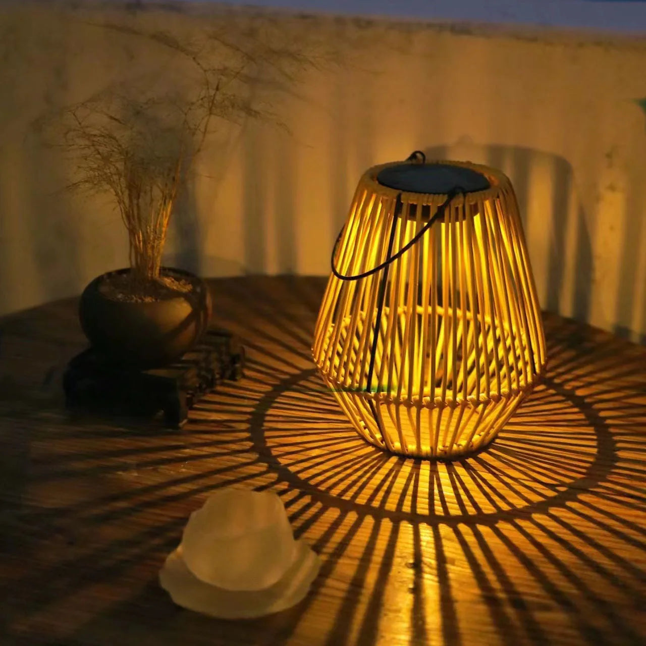 Solar Lantern Rattan Look Warm LED Automatic Dusk Sensor
