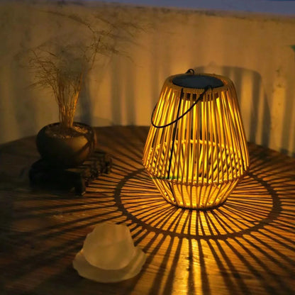 Solar Lantern Rattan Look Warm LED Automatic Dusk Sensor