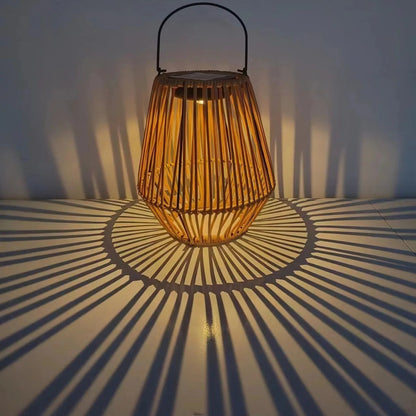 Solar Lantern Rattan Look Warm LED Automatic Dusk Sensor
