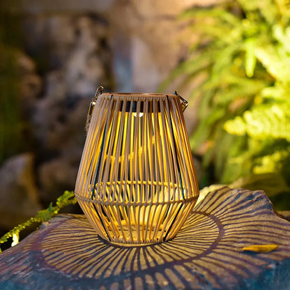 Solar Lantern Rattan Look Warm LED Automatic Dusk Sensor