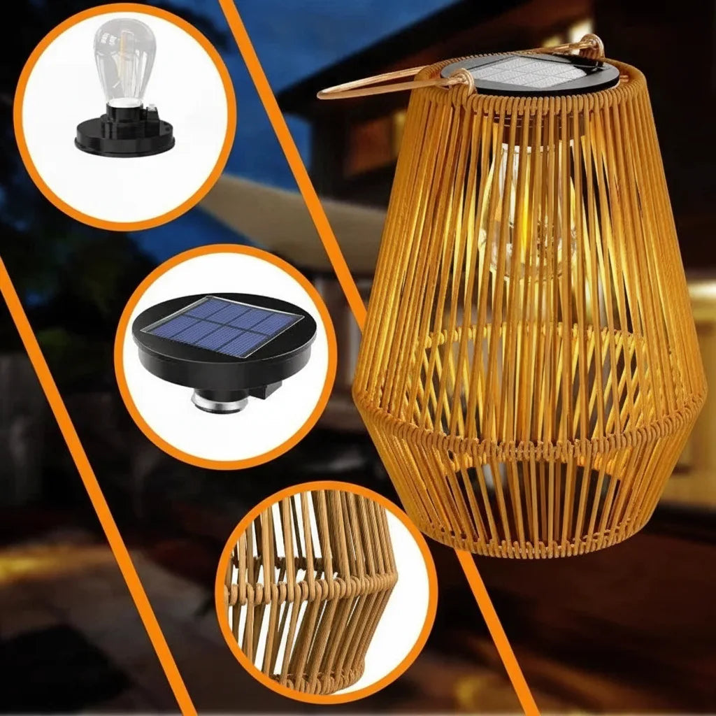 Solar Lantern Rattan Style Automatic Twilight Sensor Weatherproof