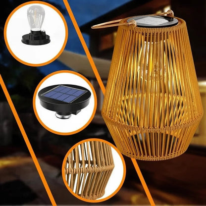 Solar Lantern Rattan Style Automatic Twilight Sensor Weatherproof
