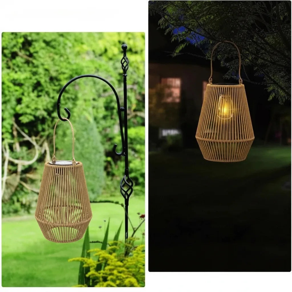 Solar Lantern Rattan Style Automatic Twilight Sensor Weatherproof