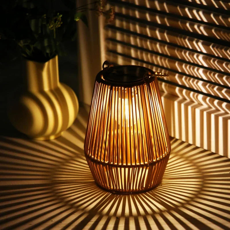 Solar Lantern Rattan Style Automatic Twilight Sensor Weatherproof