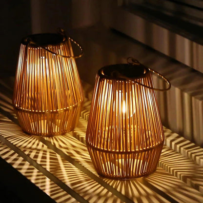 Solar Lantern Rattan Style Automatic Twilight Sensor Weatherproof