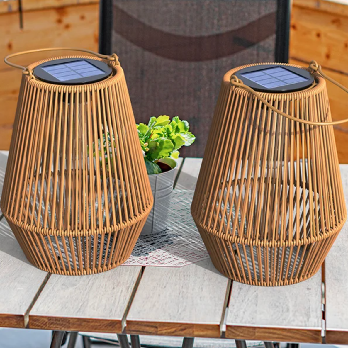 Solar Lantern Rattan Style Automatic Twilight Sensor Weatherproof