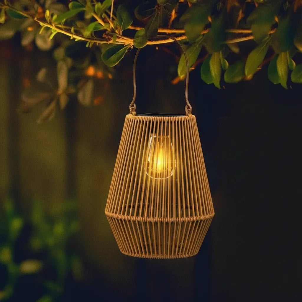 Solar Lantern Rattan Style Automatic Twilight Sensor Weatherproof