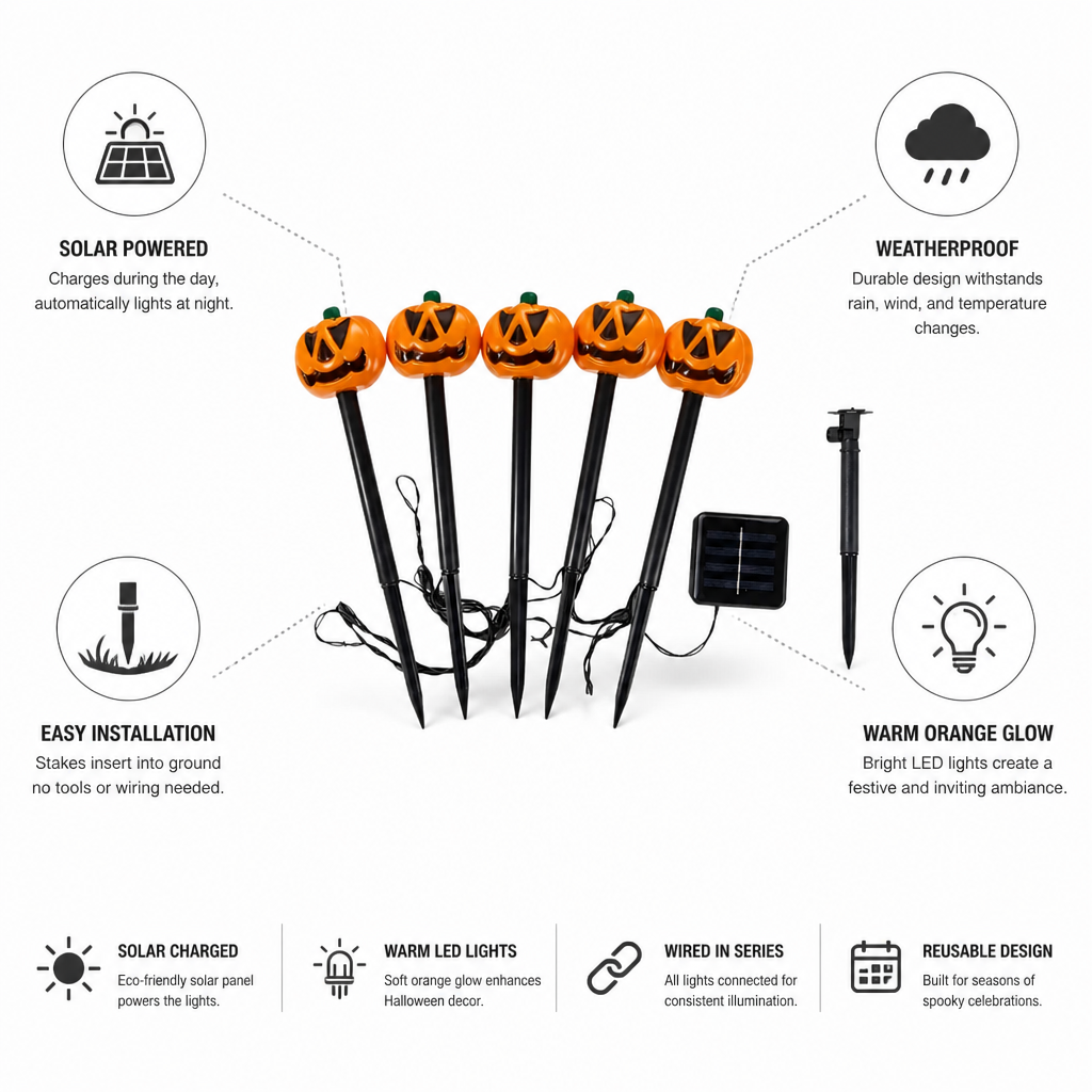 Solar-Powered Weatherproof Pumpkin Pathway Lights (Set of 5)
