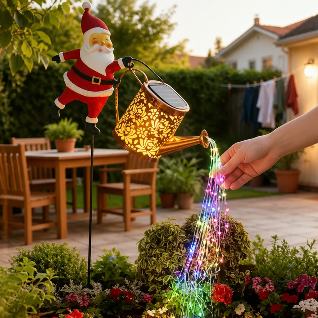 Solar Watering Can Light Metal Santa & LED Cascade