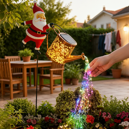 Solar Watering Can Light Metal Santa & LED Cascade