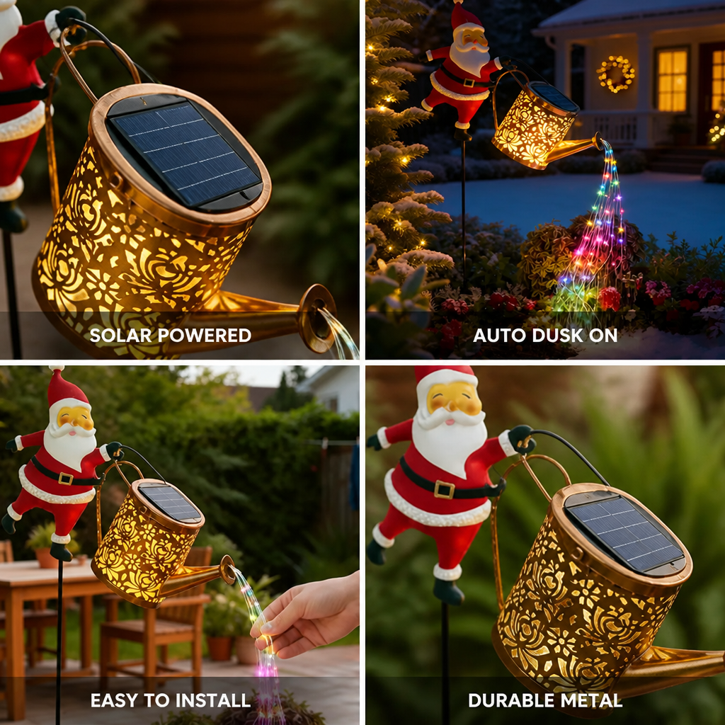 Solar Watering Can Light Metal Santa & LED Cascade