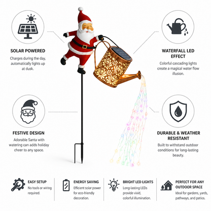 Solar Watering Can Light Metal Santa & LED Cascade