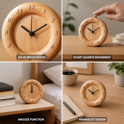 Solid Beech Wood Alarm Clock (Silent Quartz Movement with Snooze)