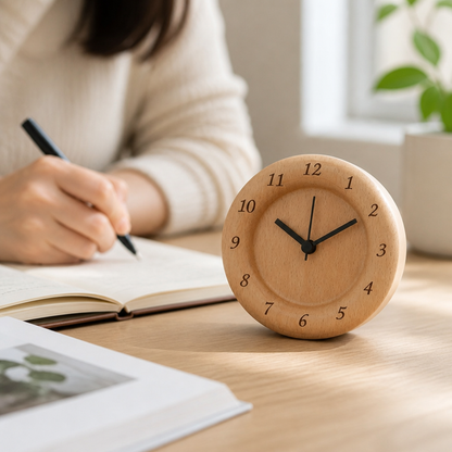 Solid Beech Wood Alarm Clock (Silent Quartz Movement with Snooze)