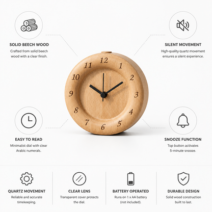 Solid Beech Wood Alarm Clock (Silent Quartz Movement with Snooze)