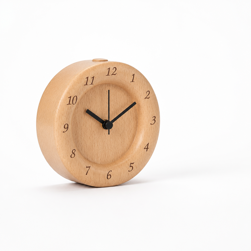 Solid Beech Wood Alarm Clock (Silent Quartz Movement with Snooze)