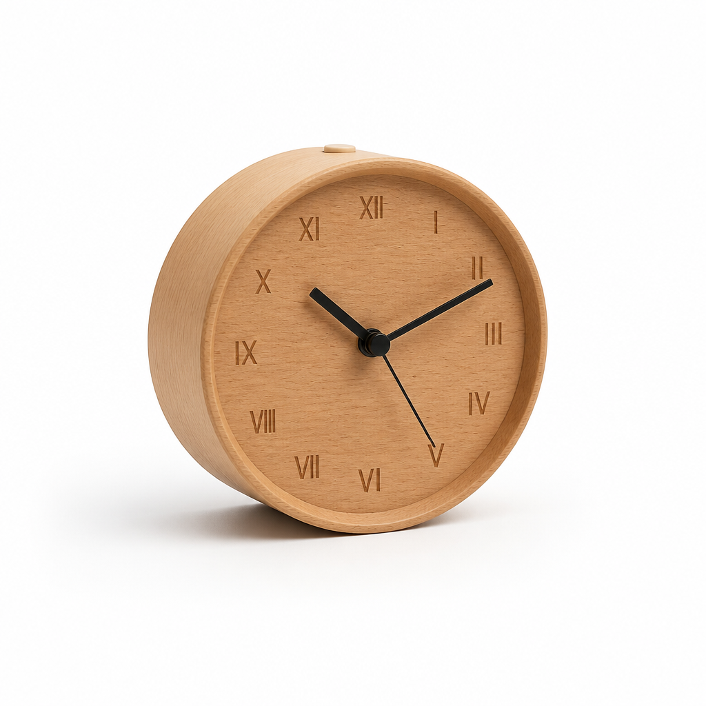 Solid Beech Wood Alarm Clock (Silent Quartz Movement with Snooze)
