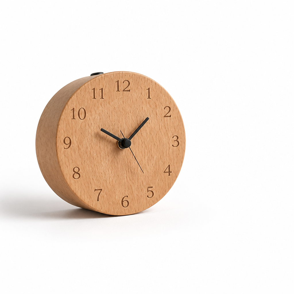 Solid Beech Wood Alarm Clock (Silent Quartz Movement with Snooze)