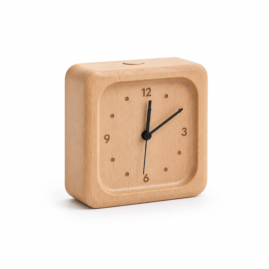 Solid Beech Wood Alarm Clock (Silent Quartz Movement with Snooze)