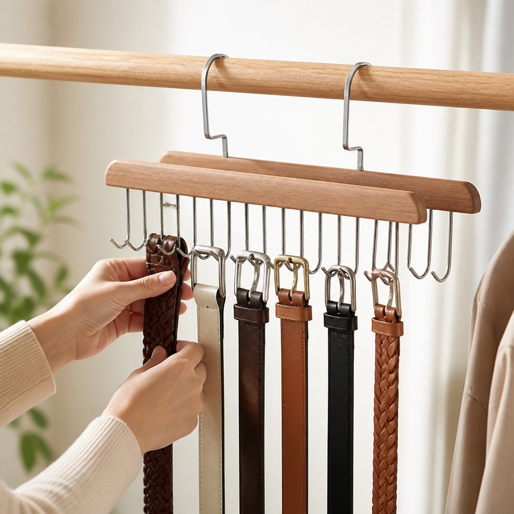 Space-Saving Hardwood & Stainless Steel Belt & Accessory Hanger