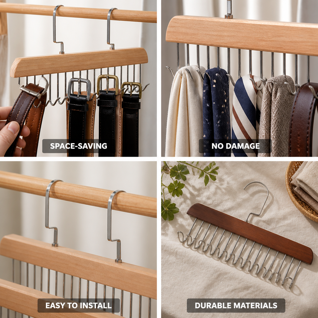 Space-Saving Hardwood & Stainless Steel Belt & Accessory Hanger