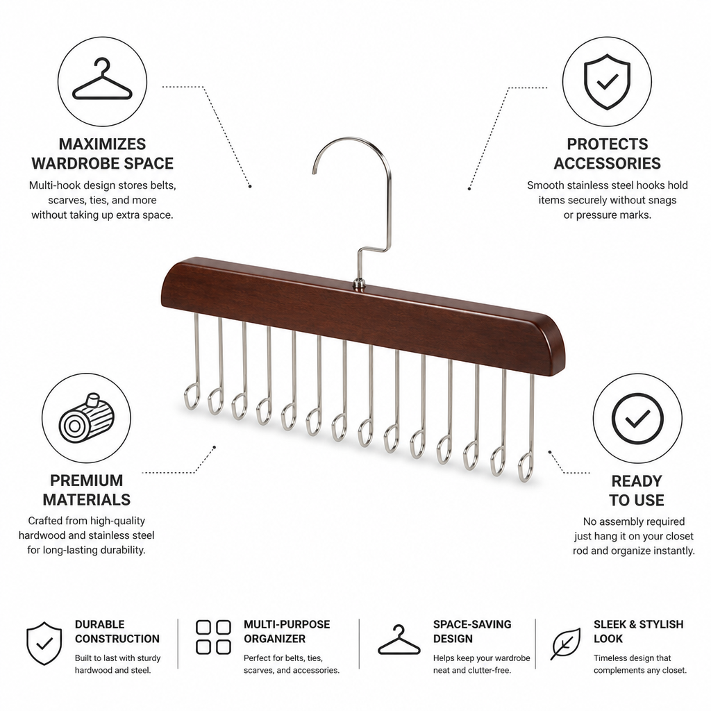 Space-Saving Hardwood & Stainless Steel Belt & Accessory Hanger