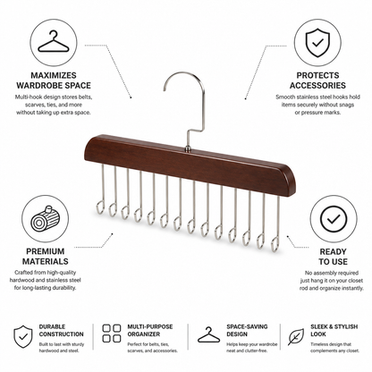 Space-Saving Hardwood & Stainless Steel Belt & Accessory Hanger