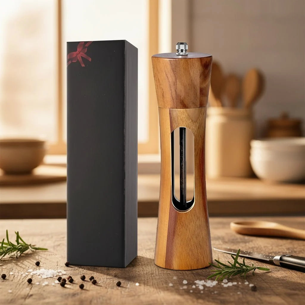 Spice Grinder Adjustable Grind Wood Body Clear Window