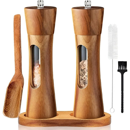 Spice Grinder Adjustable Grind Wood Body Clear Window