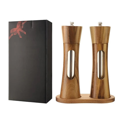 Spice Grinder Adjustable Grind Wood Body Clear Window