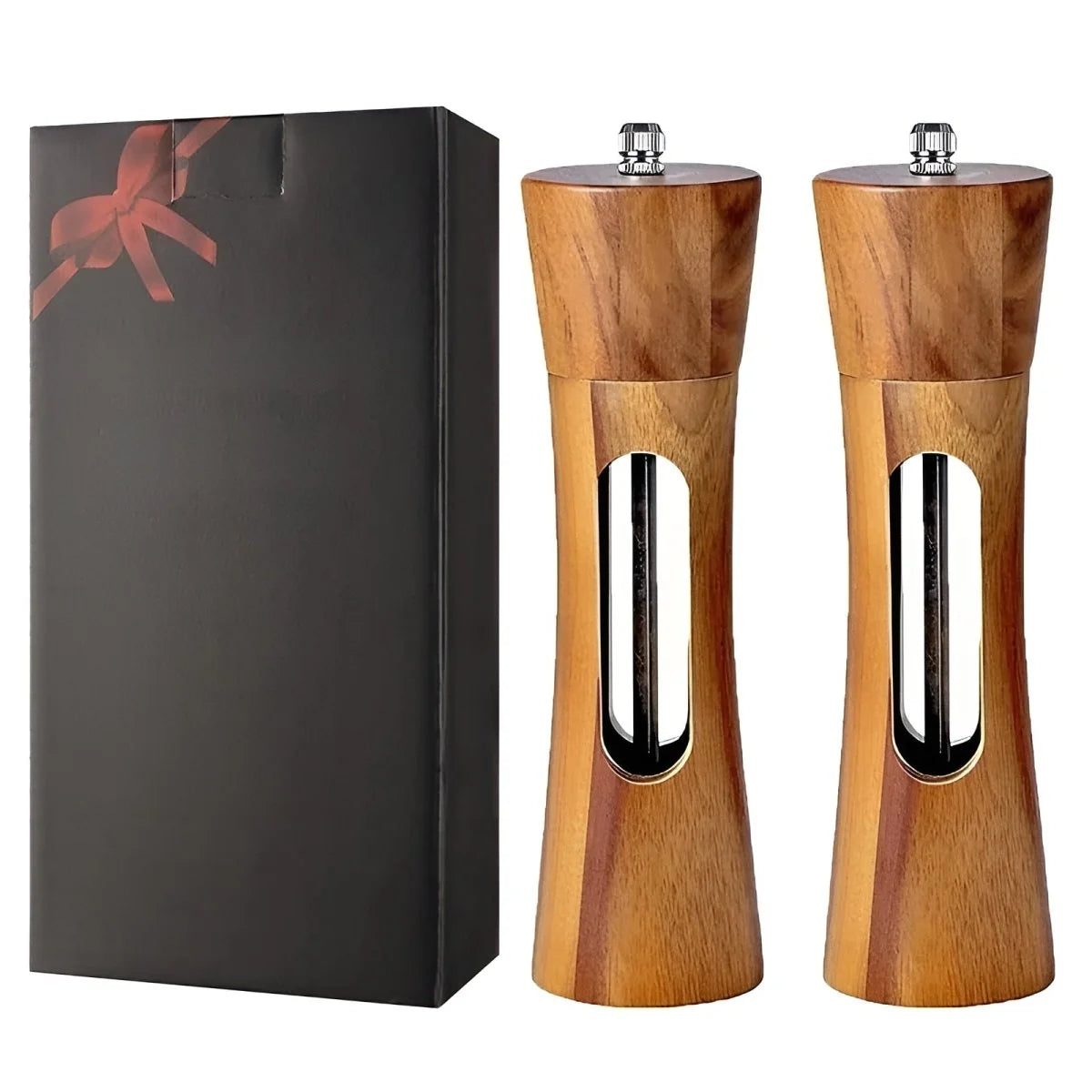 Spice Grinder Adjustable Grind Wood Body Clear Window